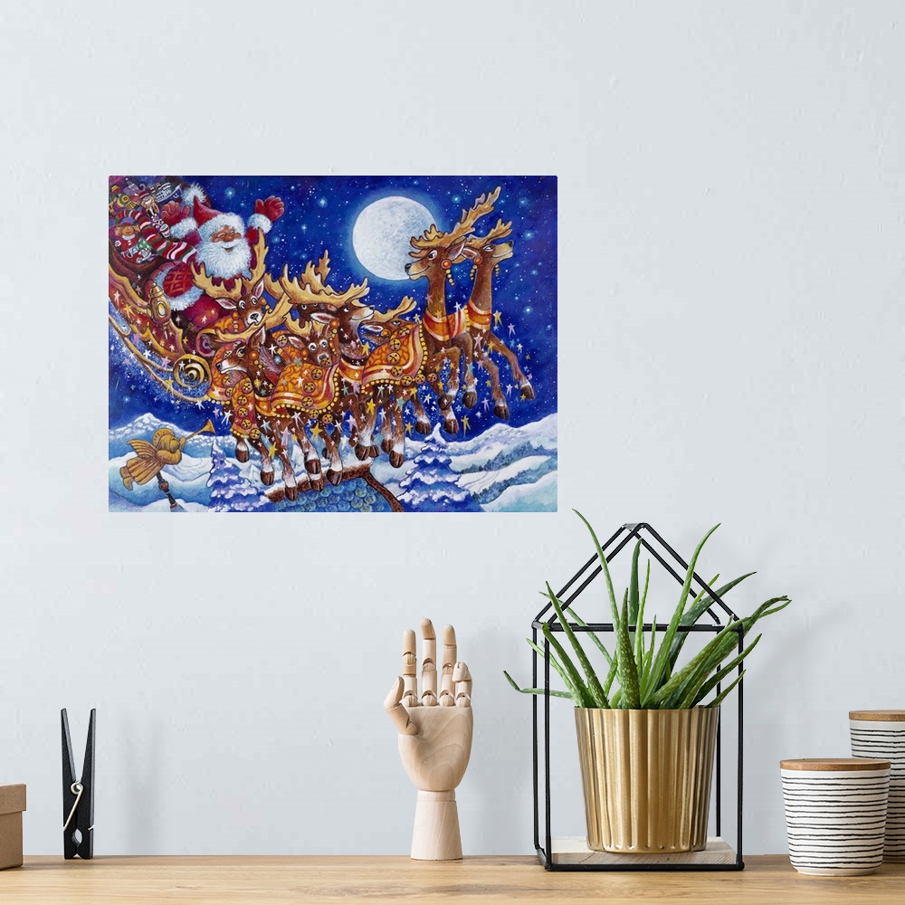 A bohemian room featuring Santa on roof in sleigh pulled by reindeer.