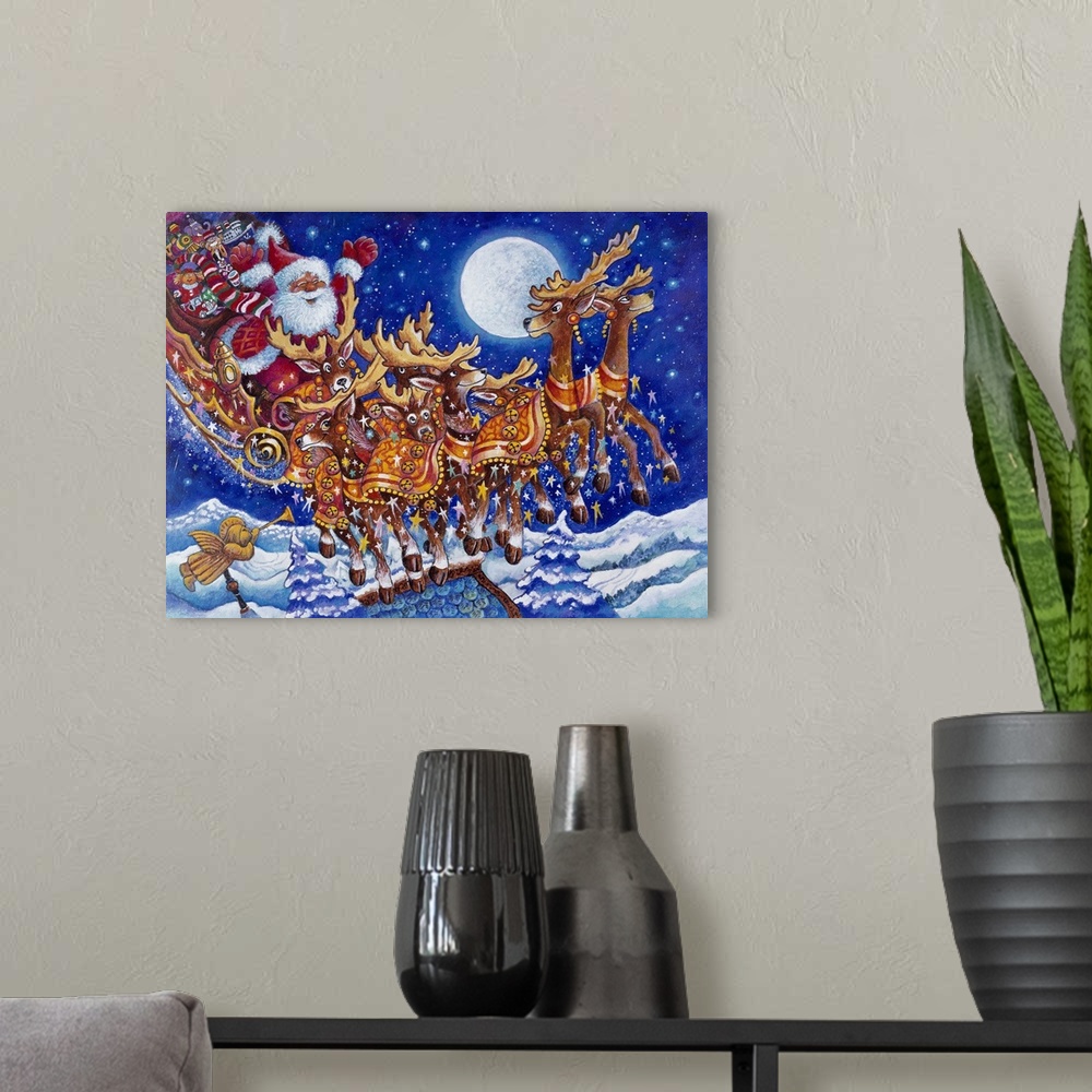 A modern room featuring Santa on roof in sleigh pulled by reindeer.