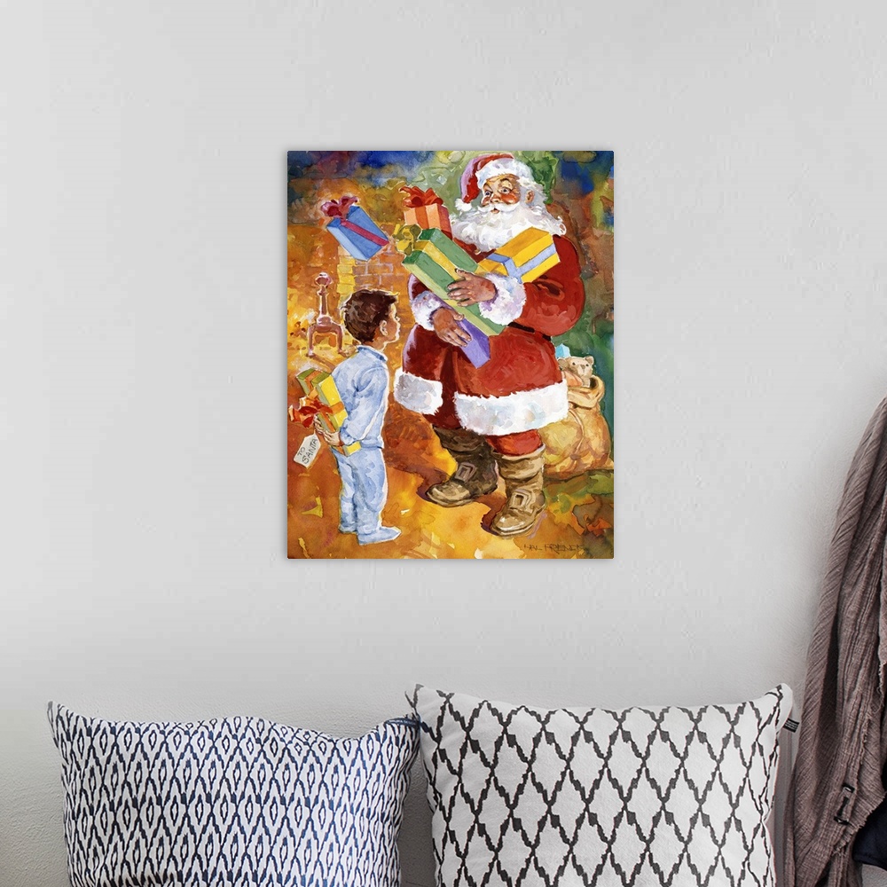 A bohemian room featuring Contemporary artwork of Santa Claus carrying several wrapped presents for a young boy, who has a ...