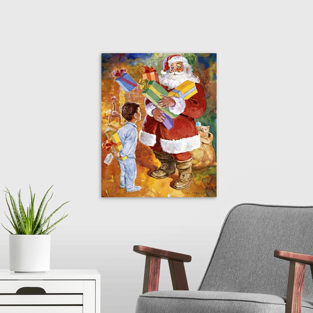 A modern room featuring Contemporary artwork of Santa Claus carrying several wrapped presents for a young boy, who has a ...