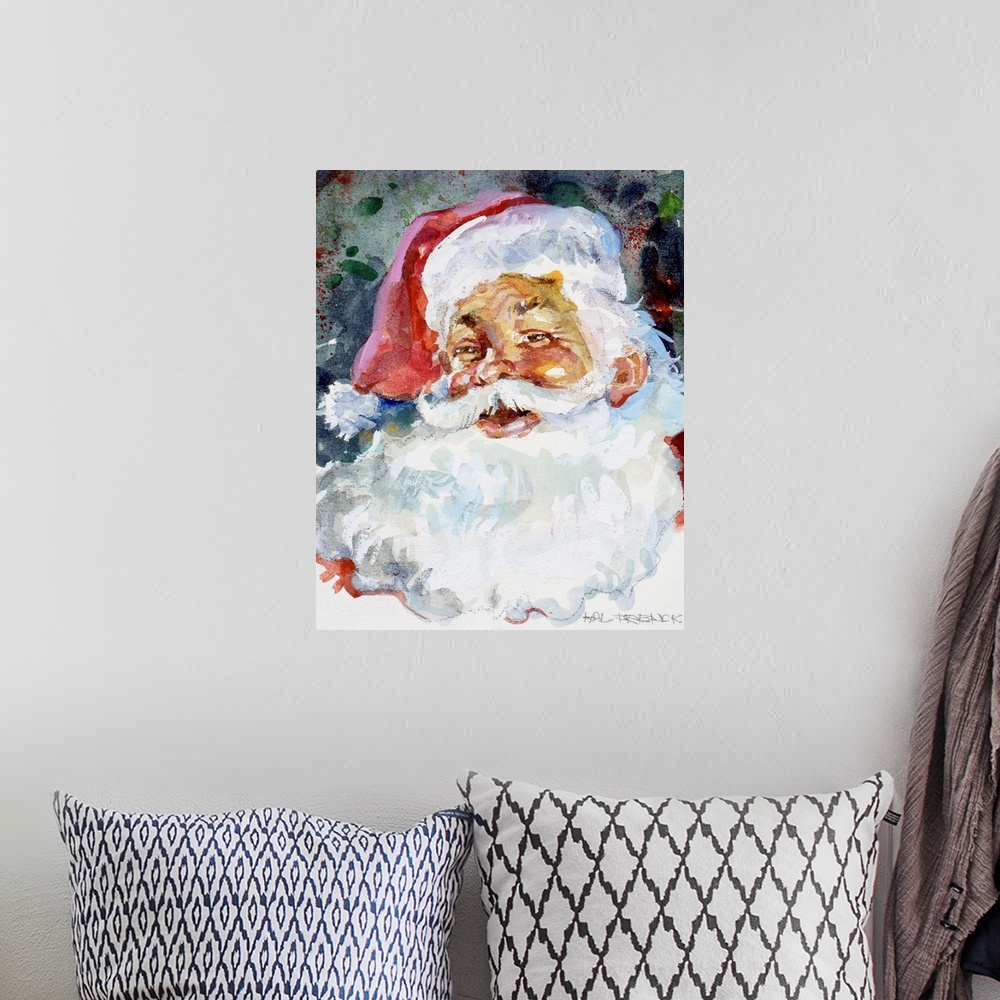 A bohemian room featuring The face of Santa is painted largely with an abstract background behind him.