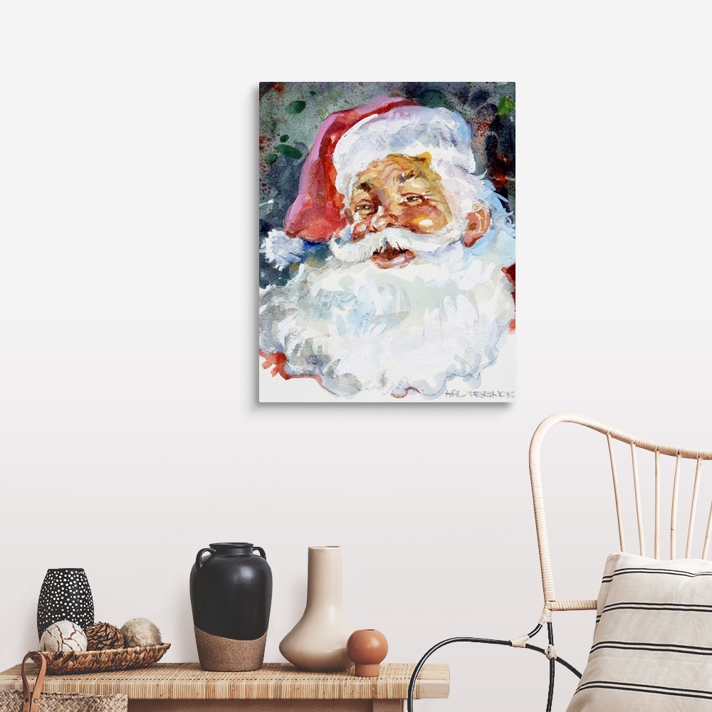 A farmhouse room featuring The face of Santa is painted largely with an abstract background behind him.