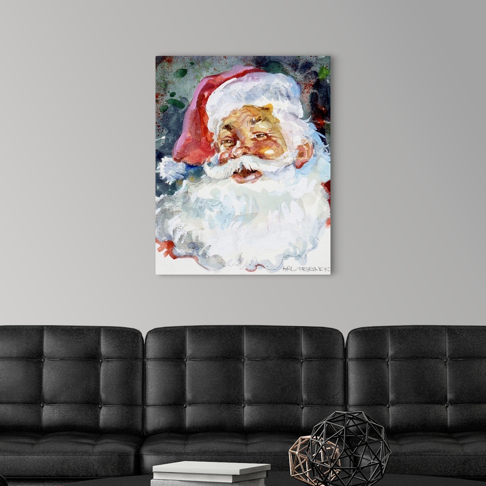 A modern room featuring The face of Santa is painted largely with an abstract background behind him.