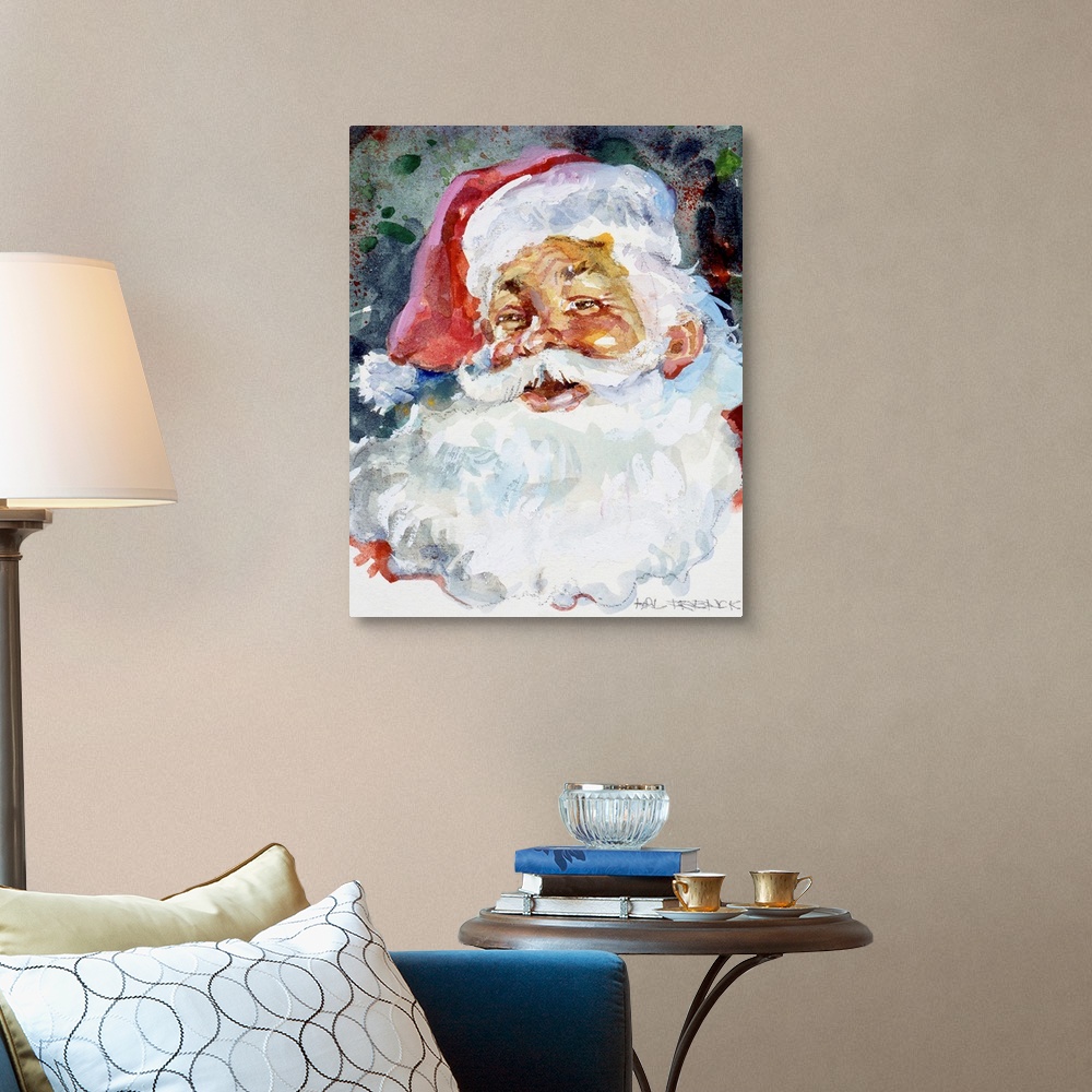 A traditional room featuring The face of Santa is painted largely with an abstract background behind him.