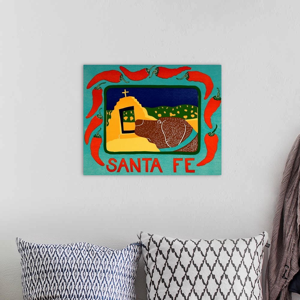 A bohemian room featuring Illustration of a chocolate lab in Santa Fe framed in a blue frame with red chilies on it and the...