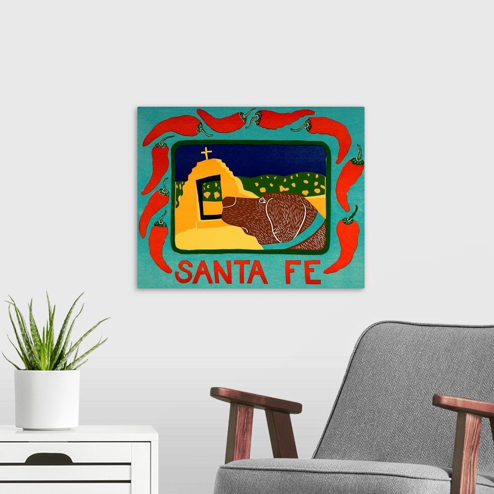 A modern room featuring Illustration of a chocolate lab in Santa Fe framed in a blue frame with red chilies on it and the...