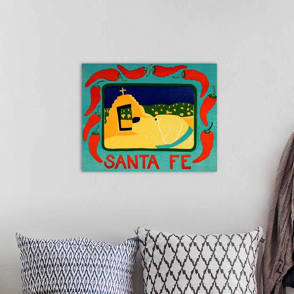 A bohemian room featuring Illustration of a yellow lab in Santa Fe framed in a blue frame with red chilies on it and the wo...