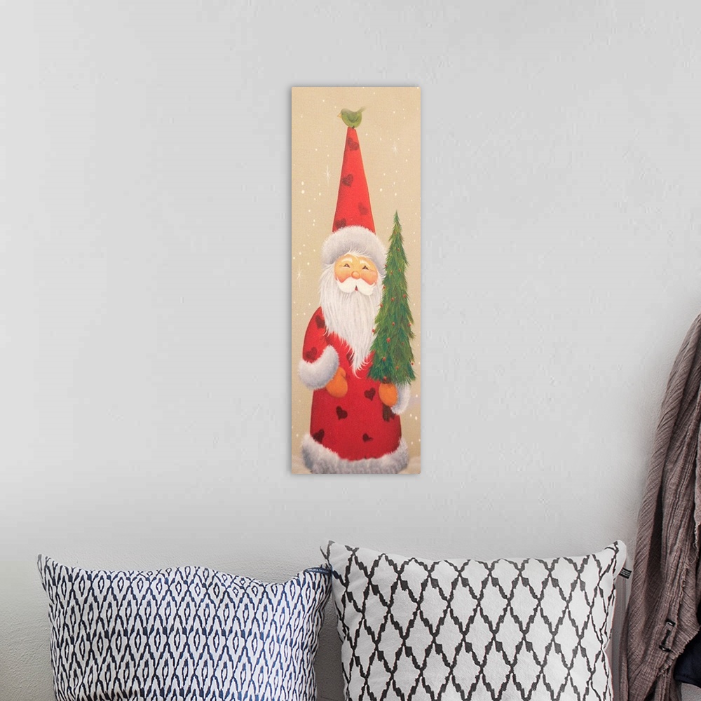 A bohemian room featuring Santa holding a Christmas tree and a bird on top of his hat