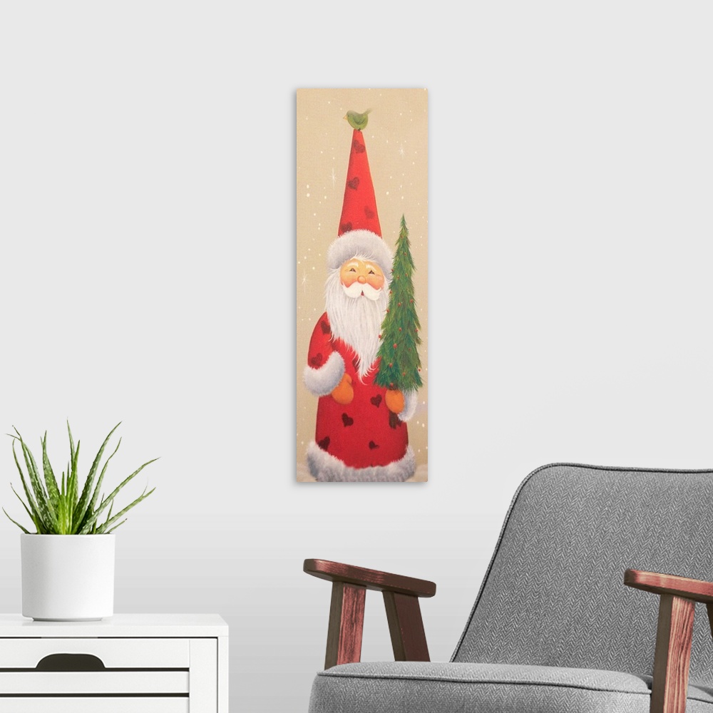 A modern room featuring Santa holding a Christmas tree and a bird on top of his hat