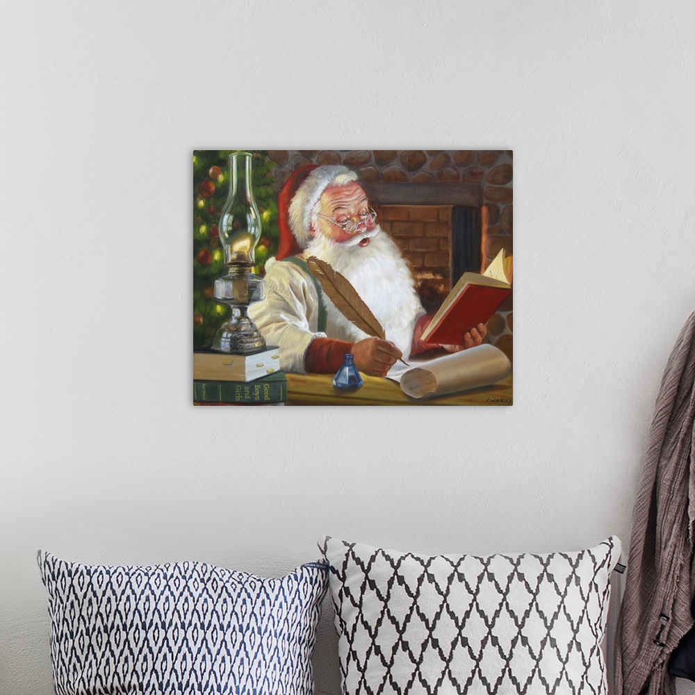 A bohemian room featuring Santa Claus with a large quill, looking at a book and writing a list.