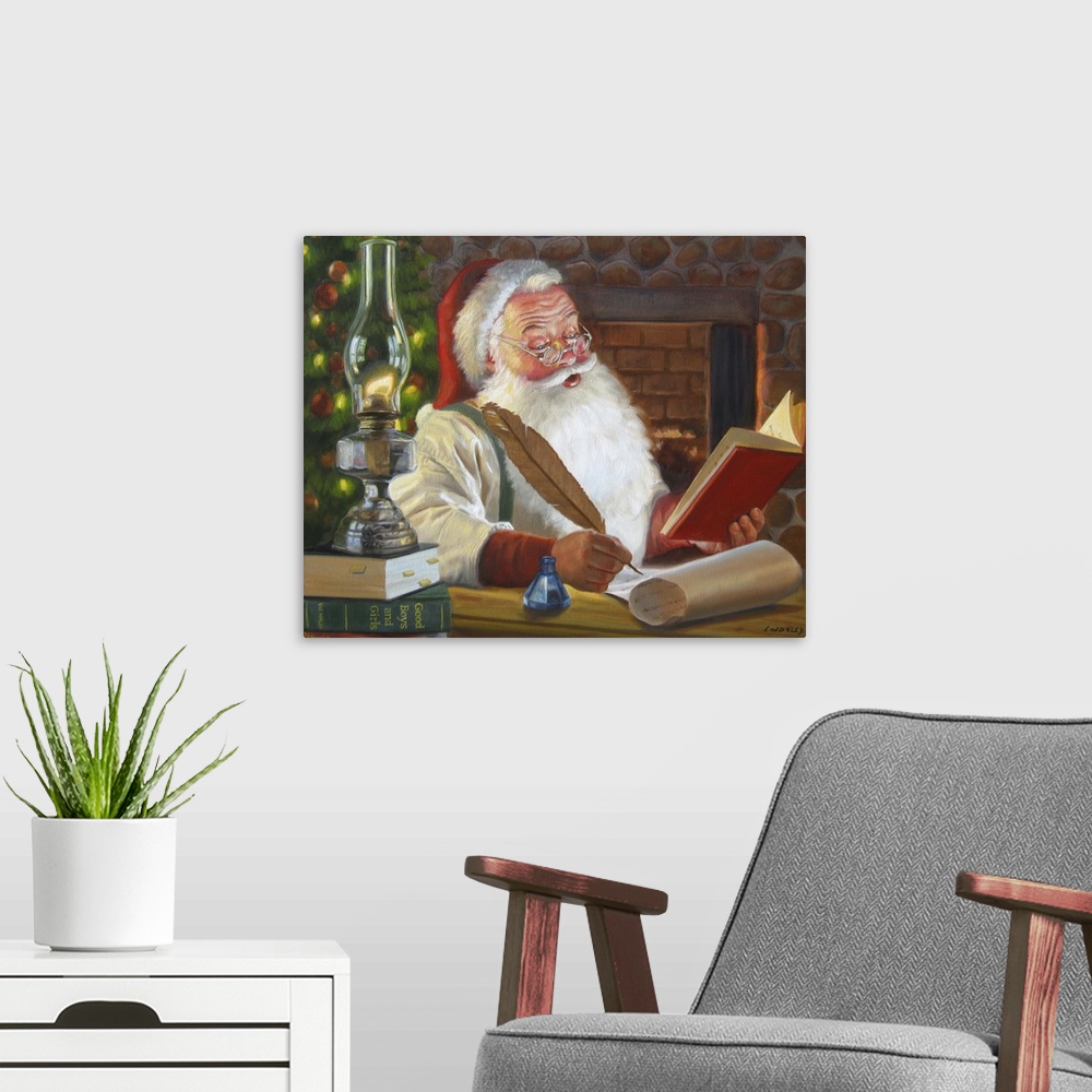 A modern room featuring Santa Claus with a large quill, looking at a book and writing a list.