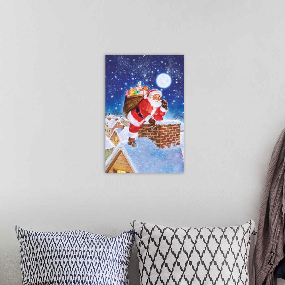 A bohemian room featuring Santa, making his way down a chimney with a sackful of presents.