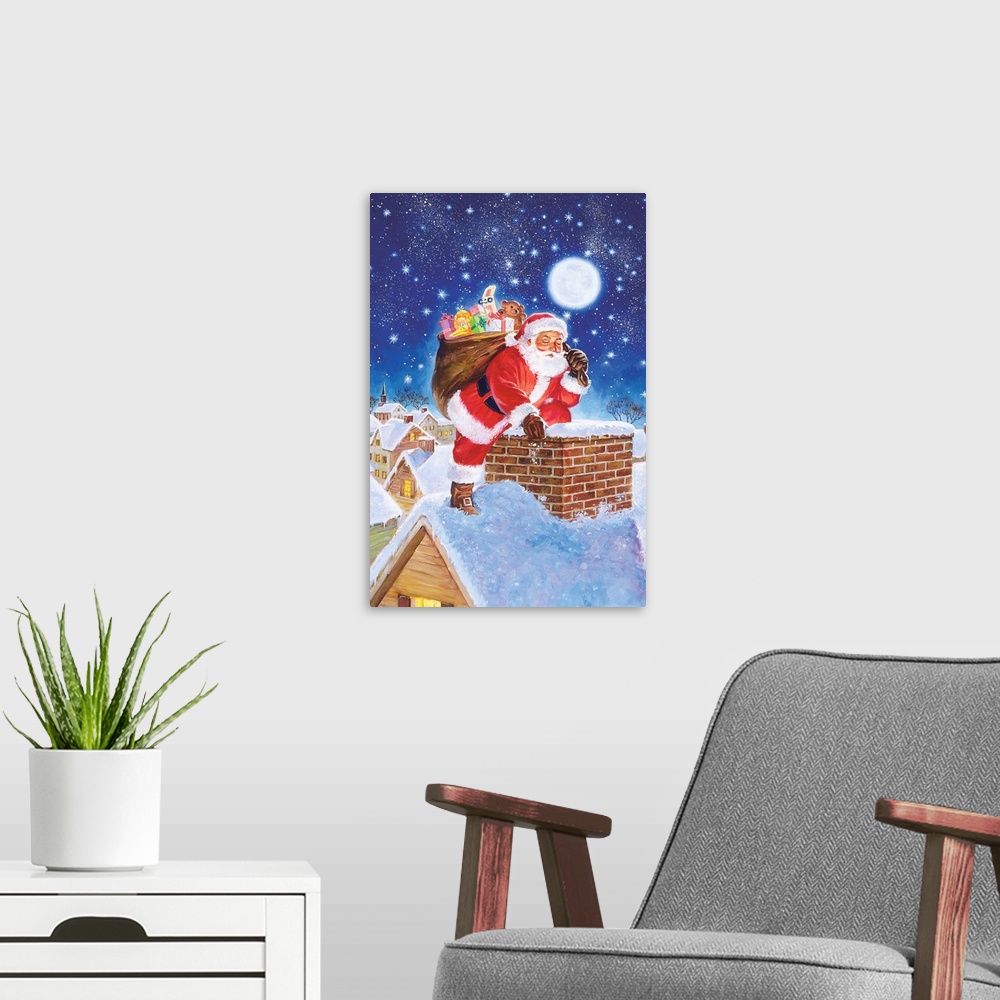 A modern room featuring Santa, making his way down a chimney with a sackful of presents.