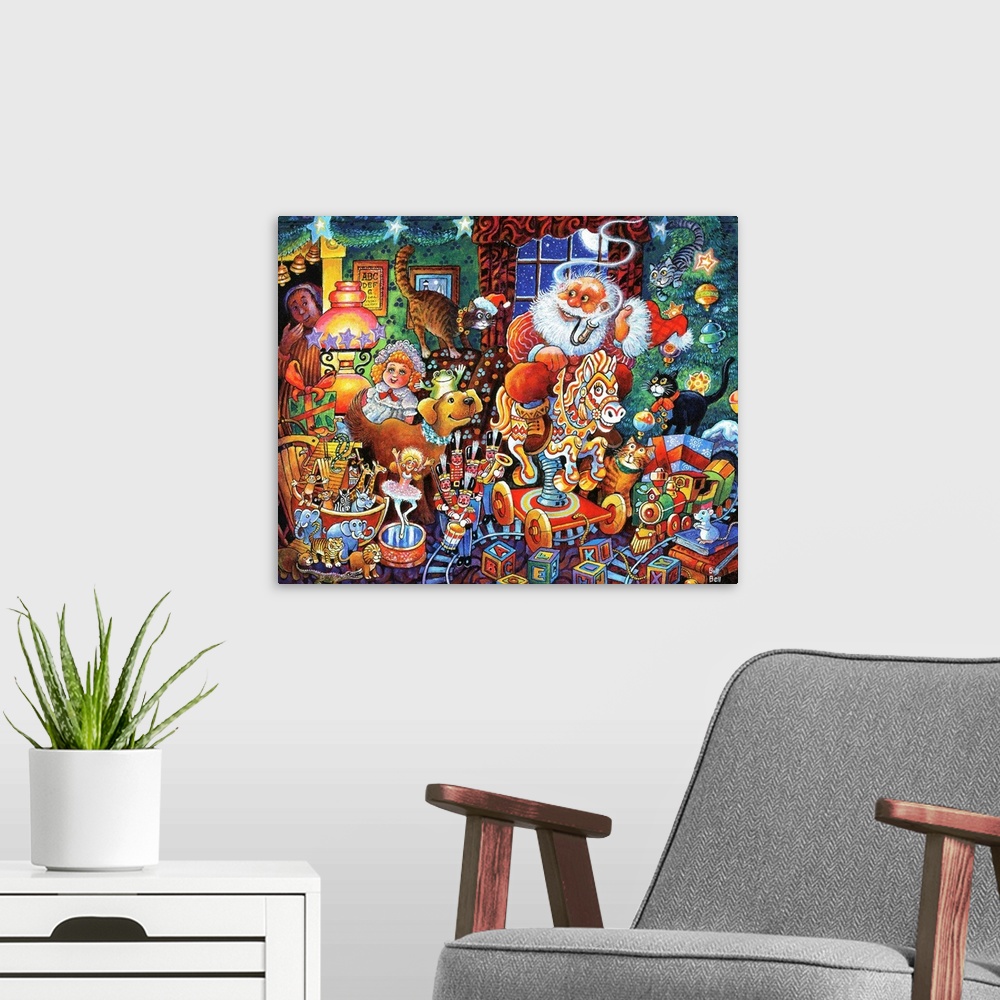 A modern room featuring Santa riding on hobby horse in room full of toys.