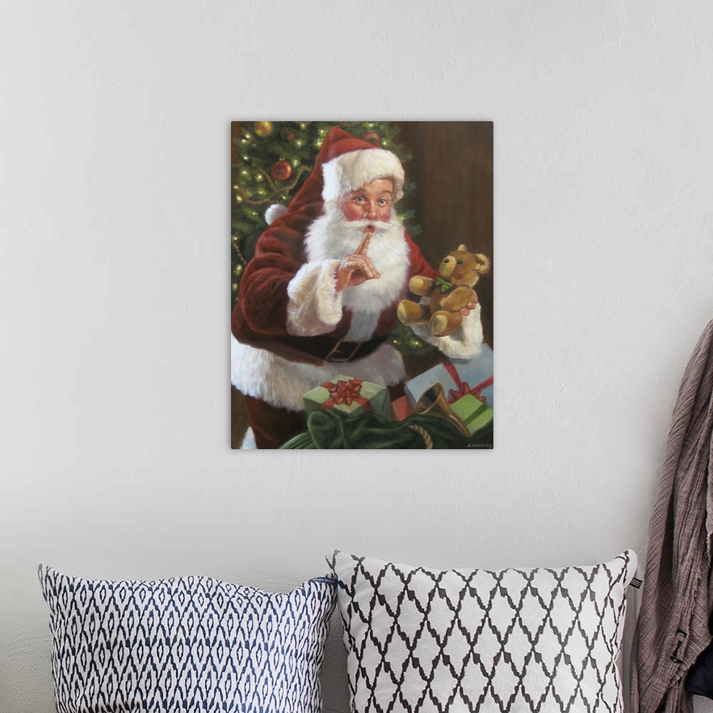 A bohemian room featuring Santa Claus with a large bag of presents, holding a teddy bear.