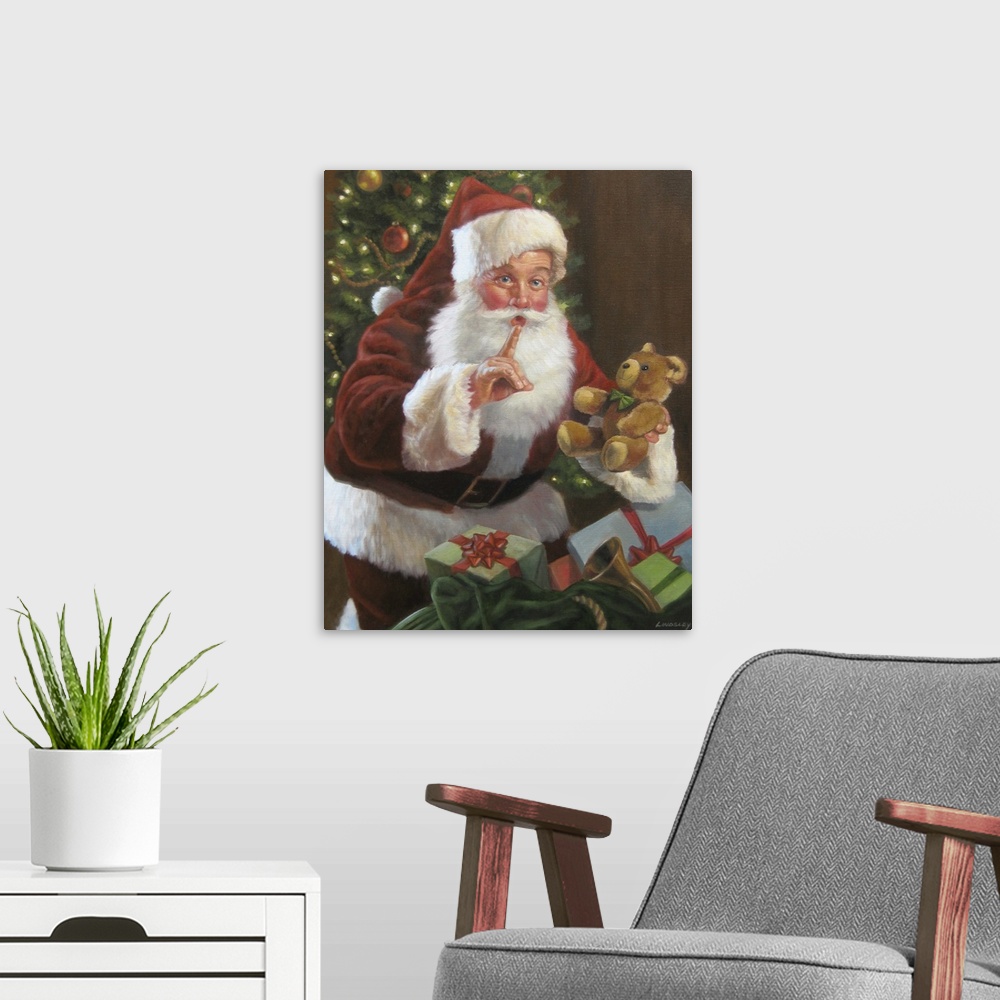 A modern room featuring Santa Claus with a large bag of presents, holding a teddy bear.