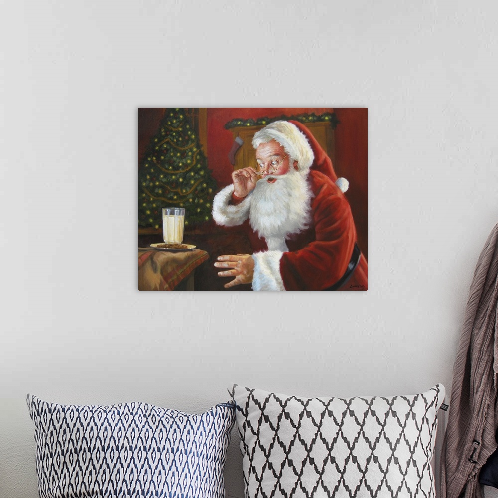 A bohemian room featuring Santa Claus eyeing some milk and cookies left out for him.