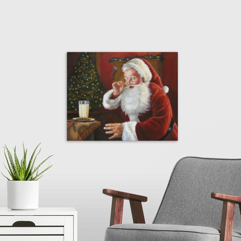 A modern room featuring Santa Claus eyeing some milk and cookies left out for him.