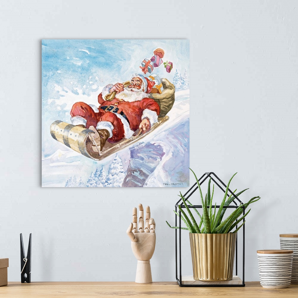 A bohemian room featuring Santa with bag of presents on toboggan going over cliff