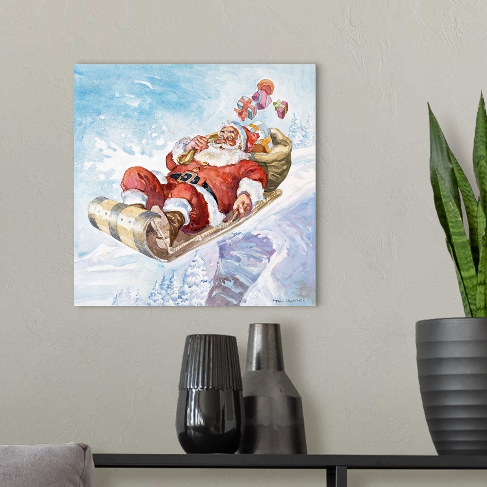 A modern room featuring Santa with bag of presents on toboggan going over cliff