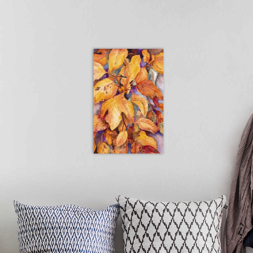 A bohemian room featuring Colorful contemporary painting of autumn leaves.