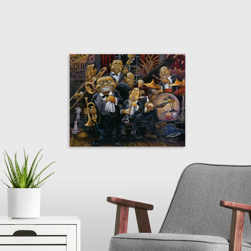 A modern room featuring Caricature of Louis Armstrong with jazz band in club.
