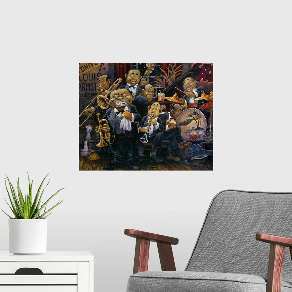 A modern room featuring Caricature of Louis Armstrong with jazz band in club.