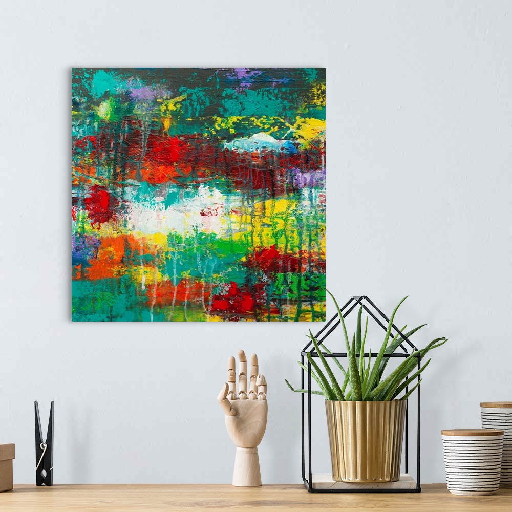 A bohemian room featuring Contemporary abstract in vivid rainbow colors with dripping paint.