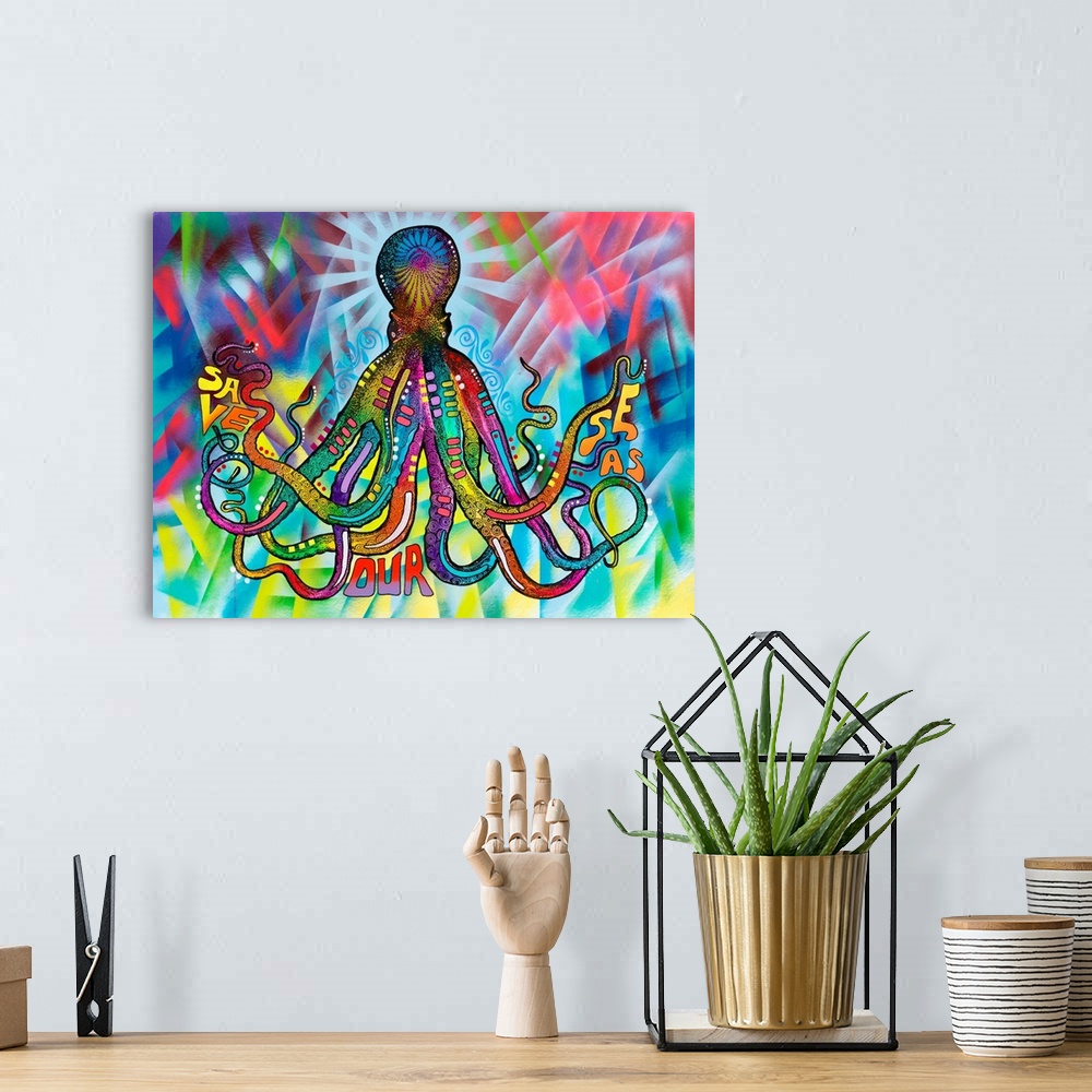 A bohemian room featuring Contemporary stencil painting of an octopus filled with various colors and patterns and text that...