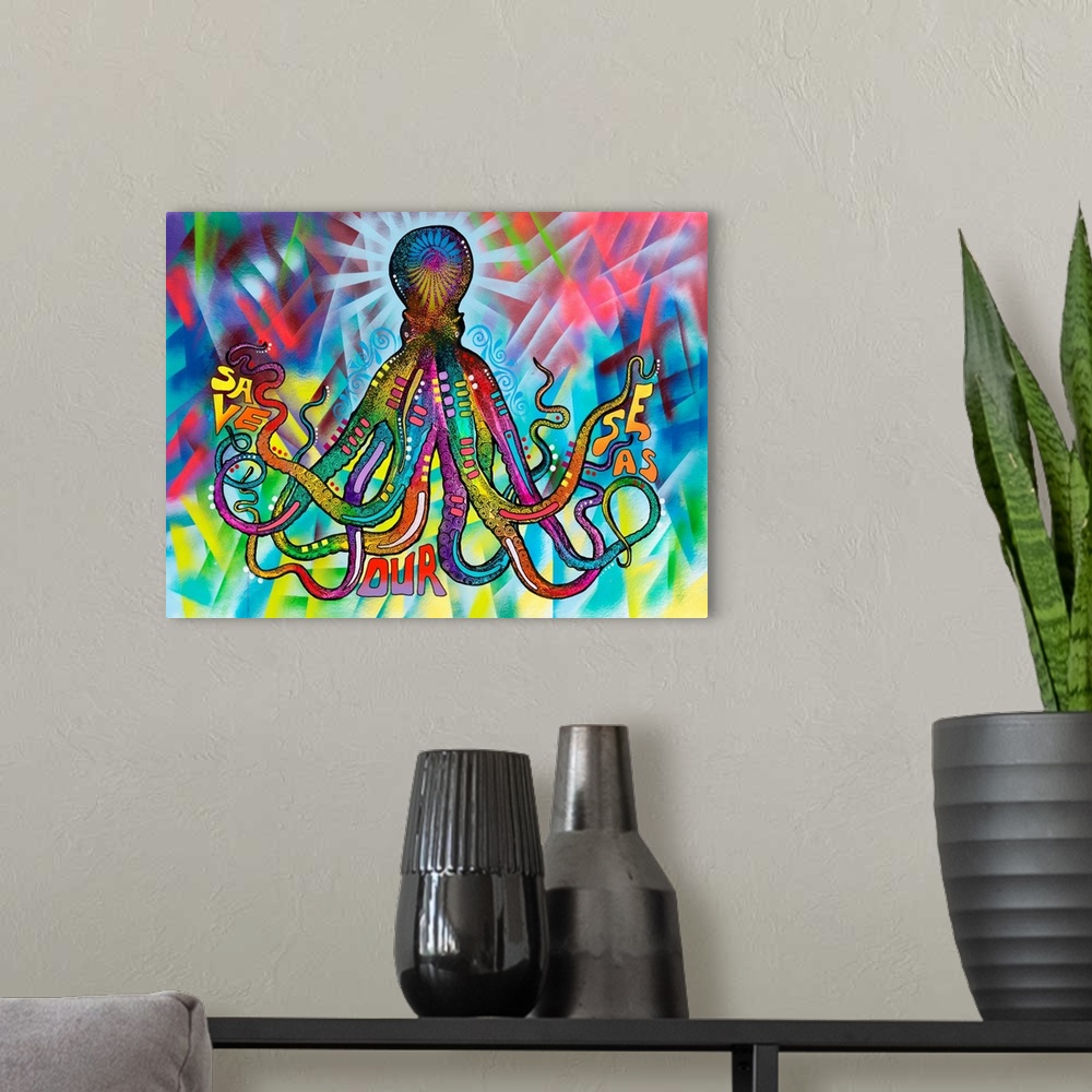 A modern room featuring Contemporary stencil painting of an octopus filled with various colors and patterns and text that...