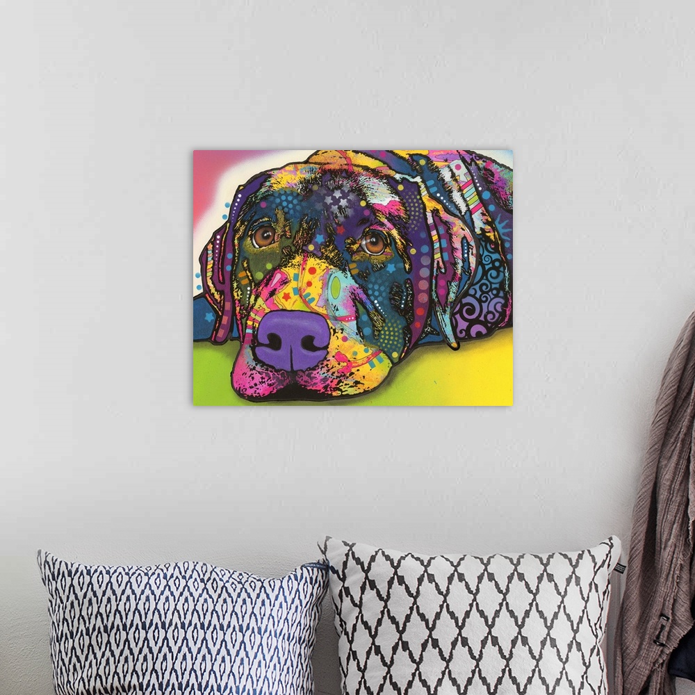 A bohemian room featuring Colorful painting of a Labrador with graffiti-like designs all over.