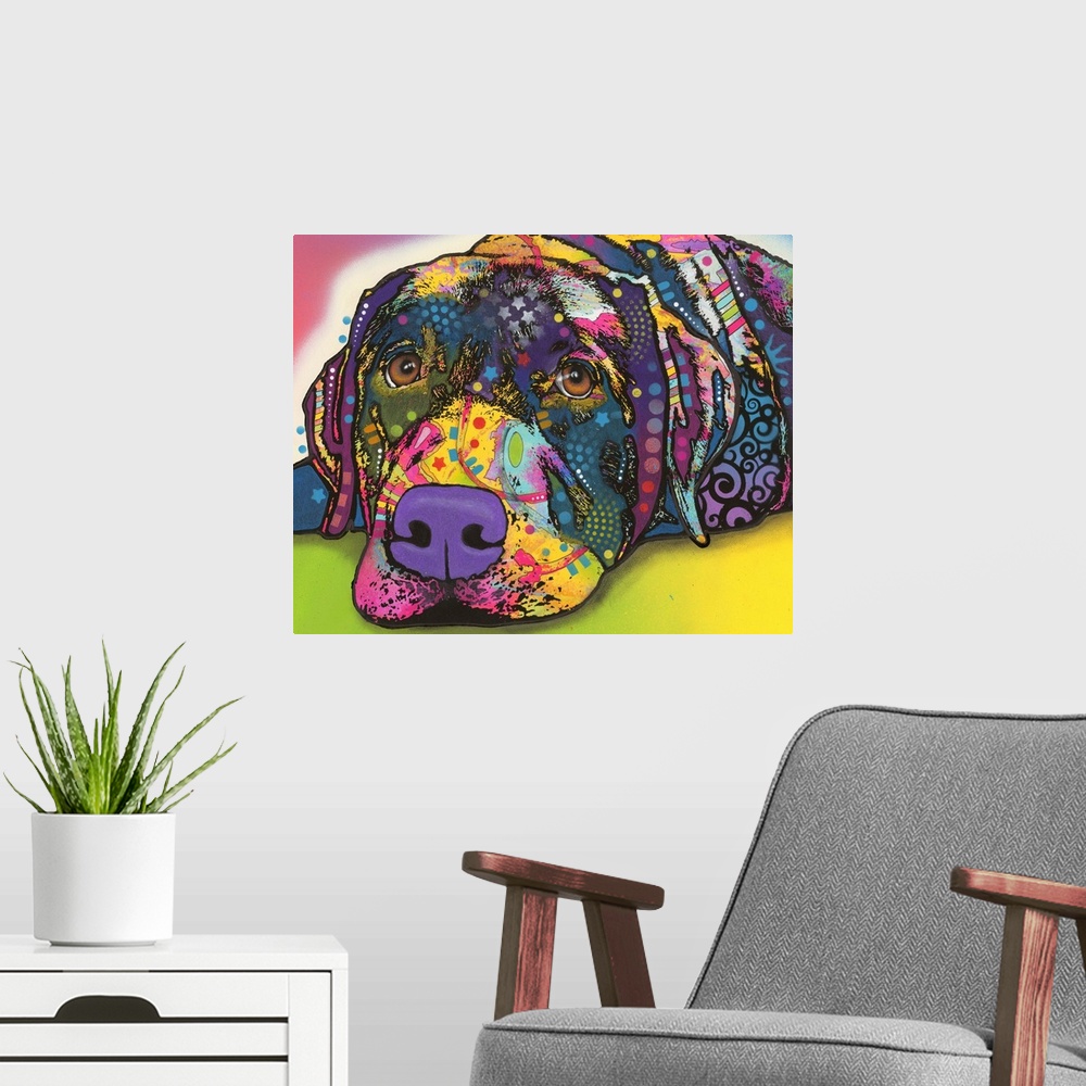 A modern room featuring Colorful painting of a Labrador with graffiti-like designs all over.