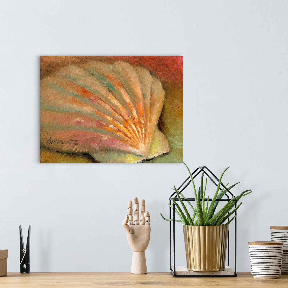 A bohemian room featuring Contemporary still-life painting of a scallop shell.
