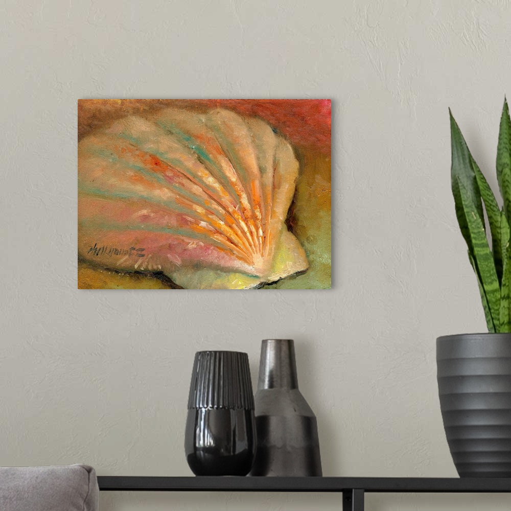 A modern room featuring Contemporary still-life painting of a scallop shell.