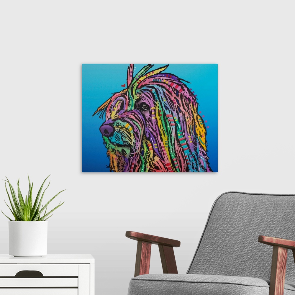 A modern room featuring Pop art style painting of a colorful dog with long hair and graffiti-like designs on a blue gradi...