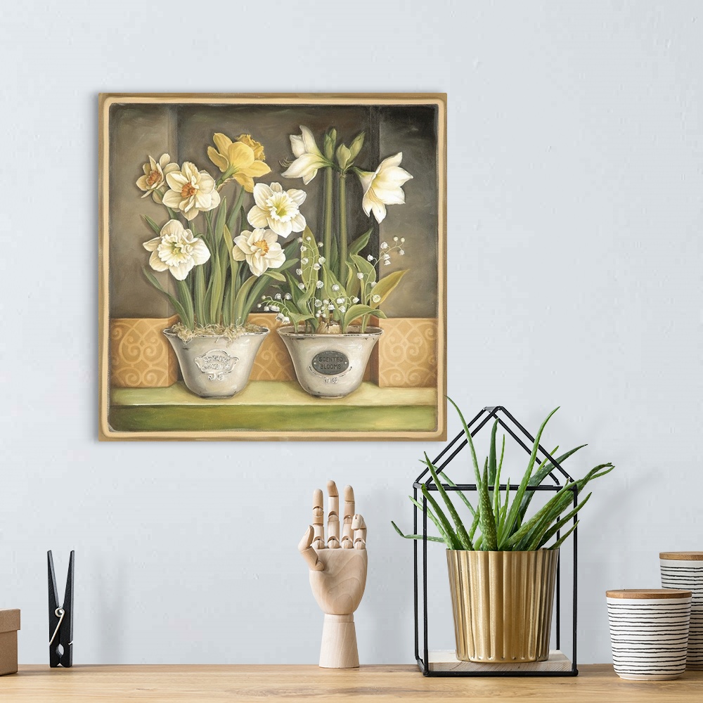 A bohemian room featuring 2 bowls with daffodils and lilies