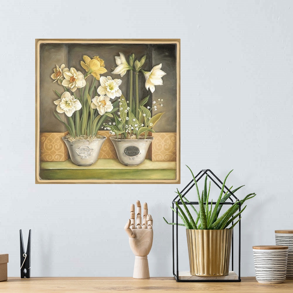 A bohemian room featuring 2 bowls with daffodils and lilies