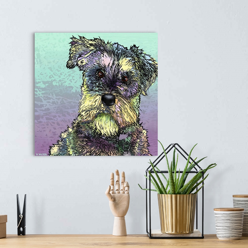A bohemian room featuring Contemporary colorful artwork of a dog against a colorful background.