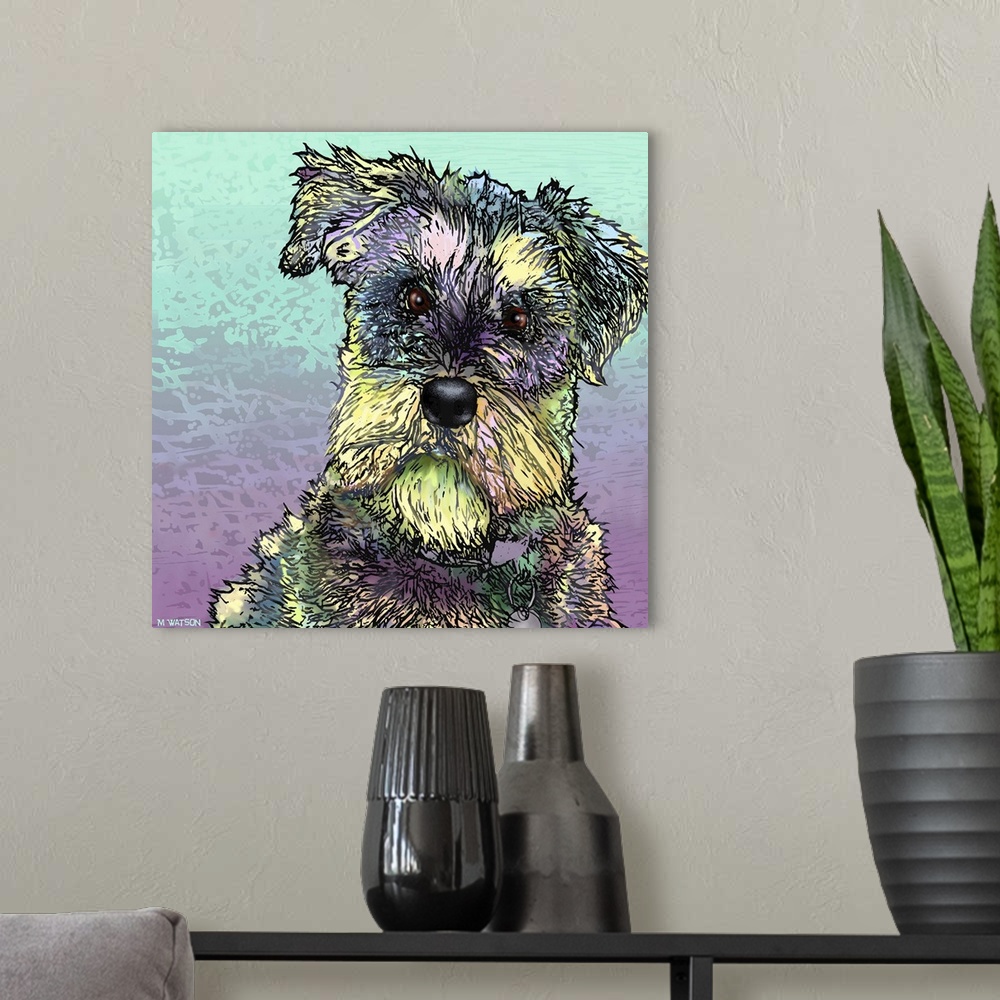 A modern room featuring Contemporary colorful artwork of a dog against a colorful background.