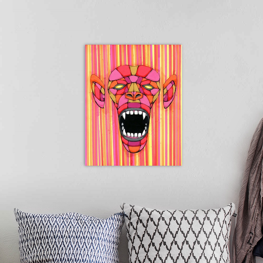 A bohemian room featuring Geometric painting of a monkey face with a striped background in shades of pink and yellow.
