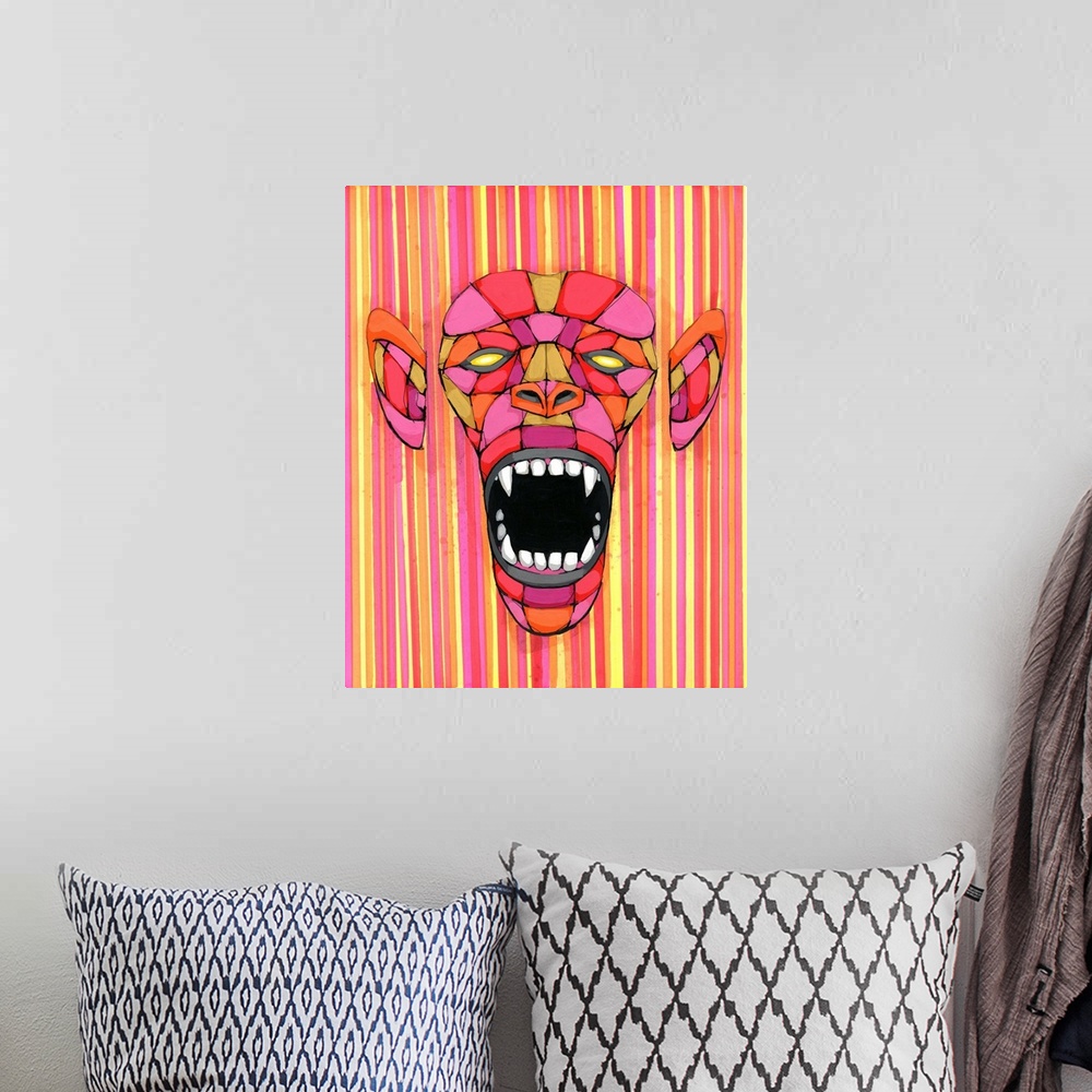 A bohemian room featuring Geometric painting of a monkey face with a striped background in shades of pink and yellow.