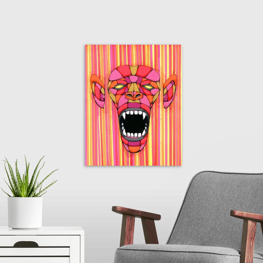 A modern room featuring Geometric painting of a monkey face with a striped background in shades of pink and yellow.