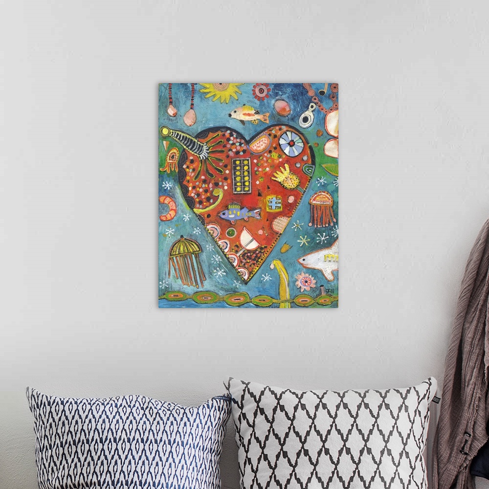 A bohemian room featuring Lighthearted contemporary painting of a heart with a collage of marine life inside.