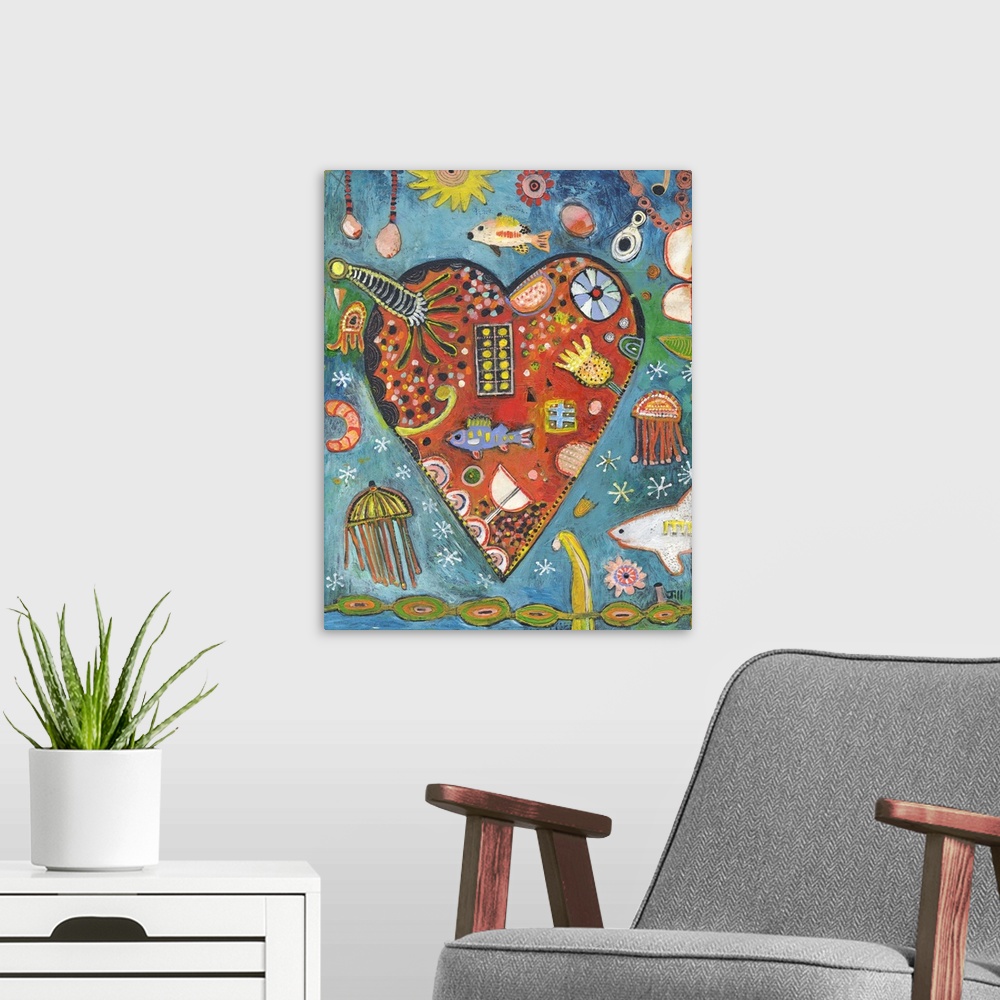 A modern room featuring Lighthearted contemporary painting of a heart with a collage of marine life inside.