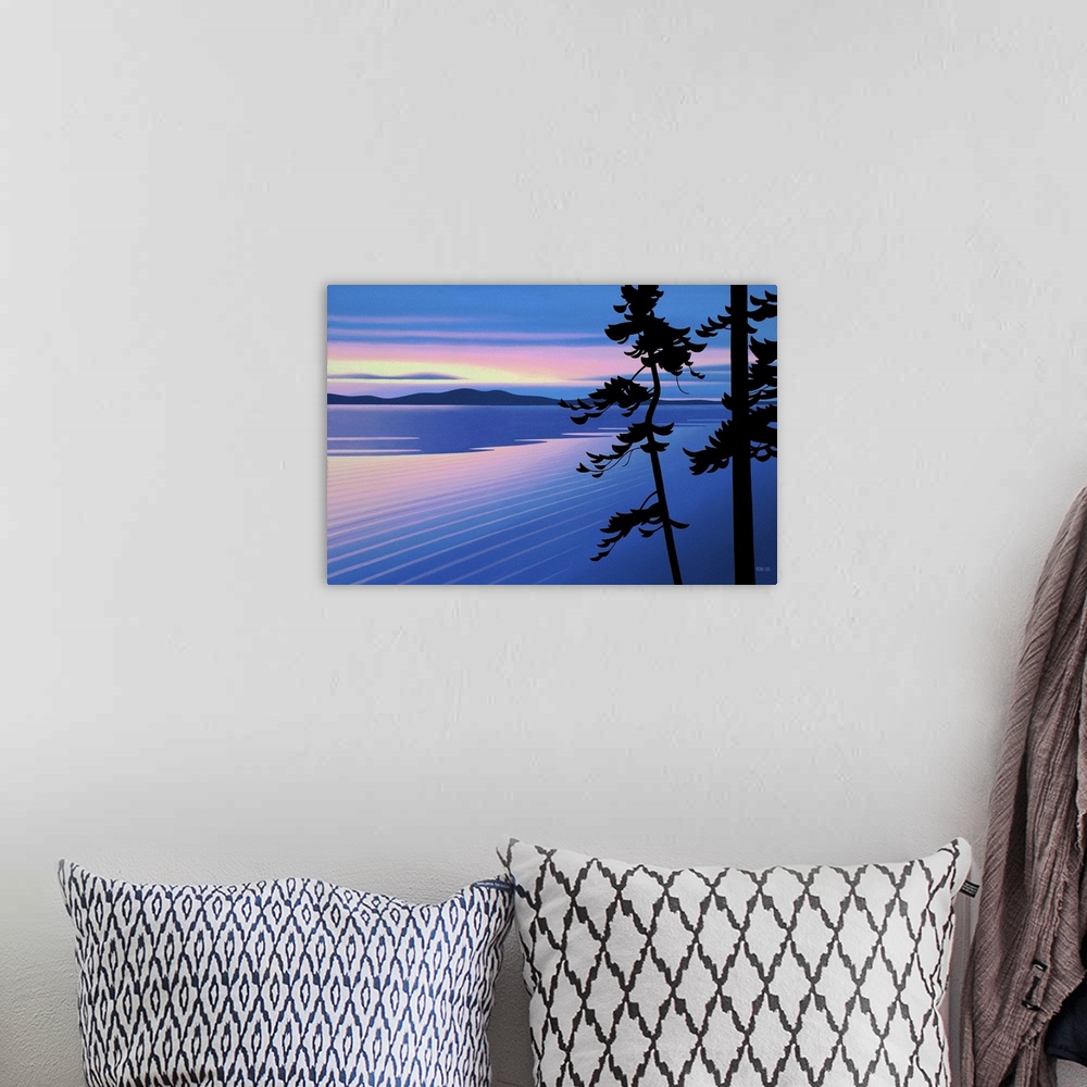 A bohemian room featuring Contemporary painting of a seascape from a beach, with mountains in the distance.