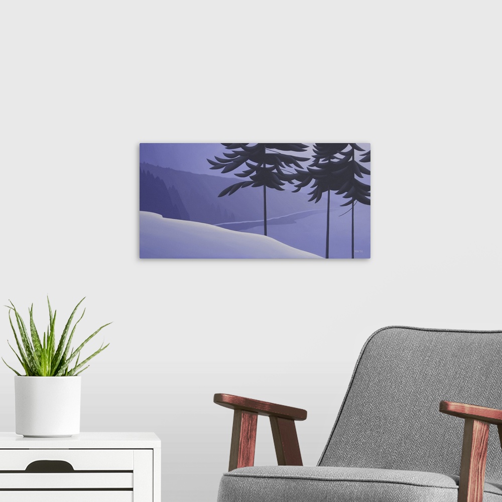 A modern room featuring Contemporary colorful painting of trees in a foggy purple colored valley.