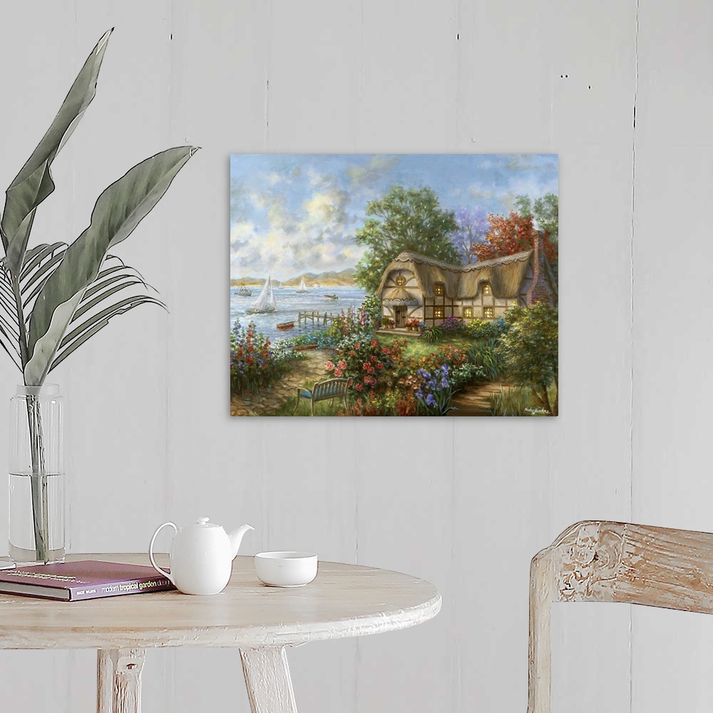 A farmhouse room featuring Painting of riverside scene featuring houses with glowing windows. Product is a painting reproduc...