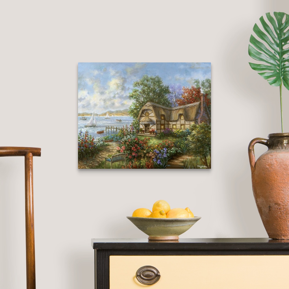 A traditional room featuring Painting of riverside scene featuring houses with glowing windows. Product is a painting reproduc...