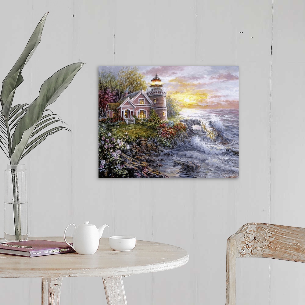 A farmhouse room featuring Painting of lighthouse scene featuring glowing windows. Product is a painting reproduction only, ...