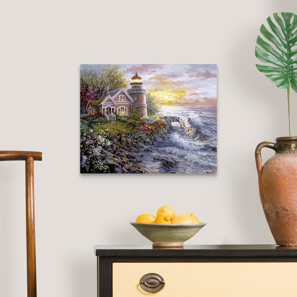 A traditional room featuring Painting of lighthouse scene featuring glowing windows. Product is a painting reproduction only, ...
